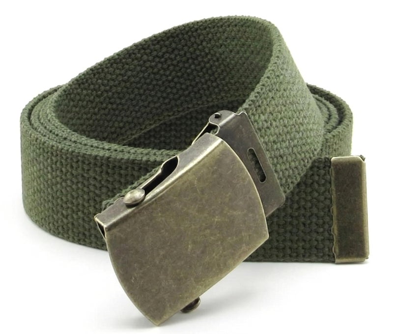 BC Belts Canvas Web Belt Military Style with Antique Brass Buckle and Tip 50" Long (Olive) - Image 3